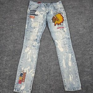 Shaka Wear Mens Distressed Bleached Baseball Patch Jeans Hartford Chiefs Blue 31